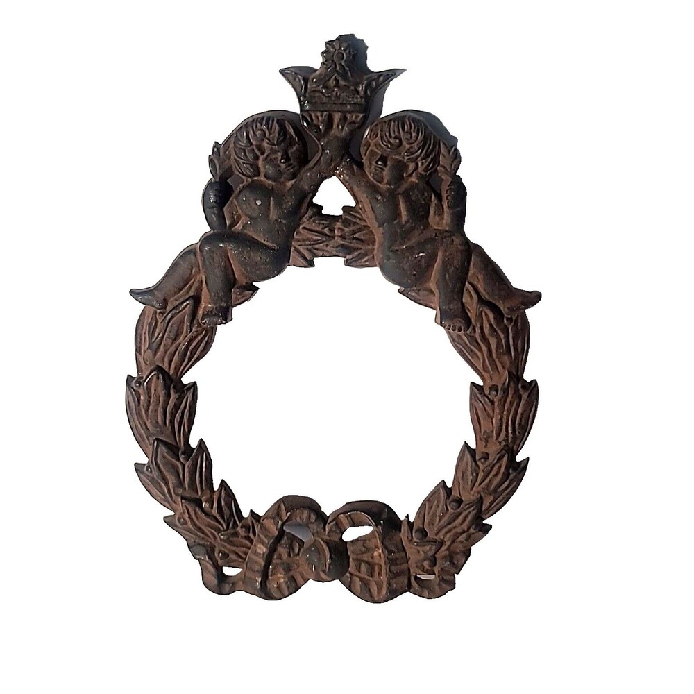 Victorian Christmas Cherub Wreath Door Gate Garden Fence Adornment Cast Iron VTG